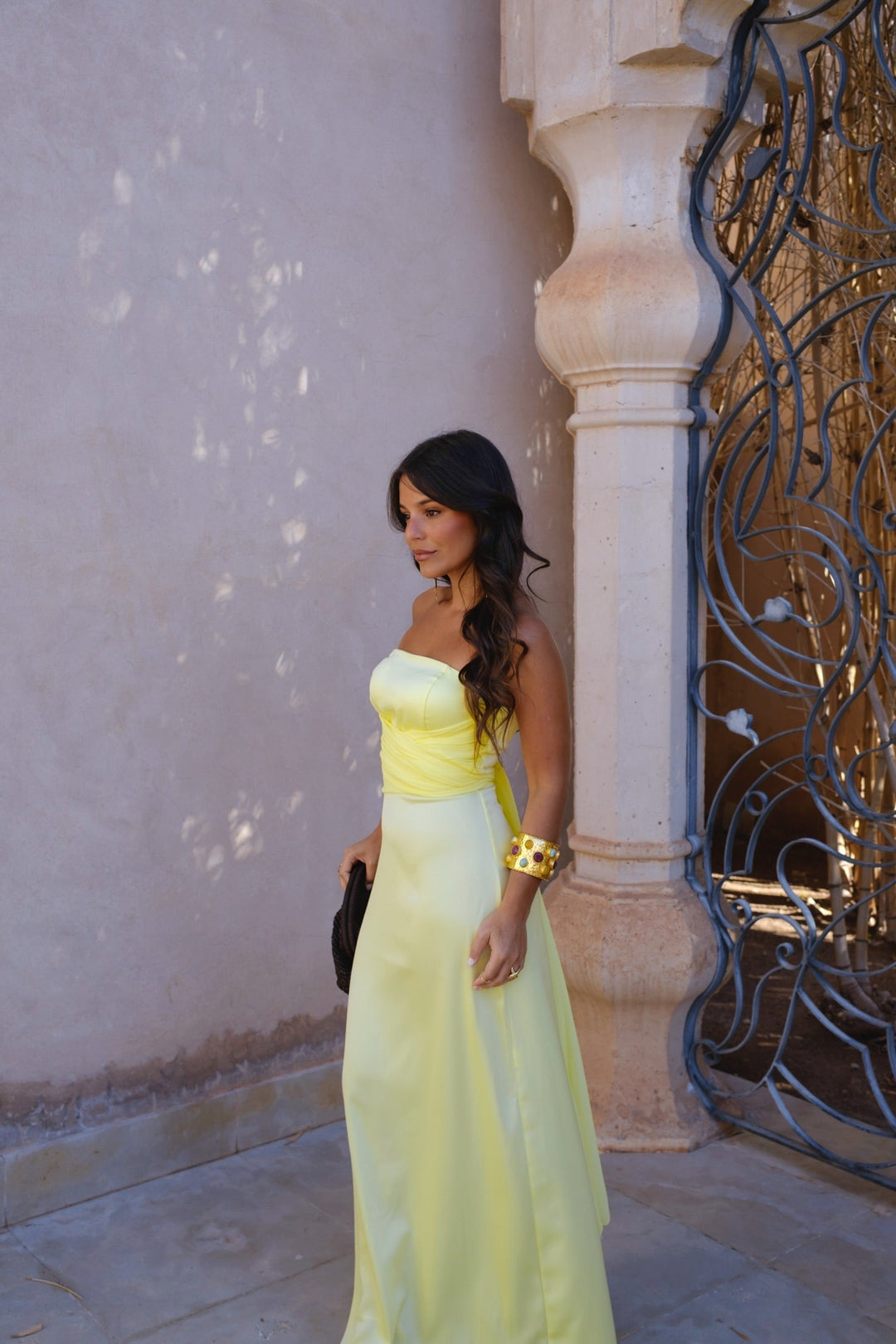 Vestido Largo Amarillo Drapeado