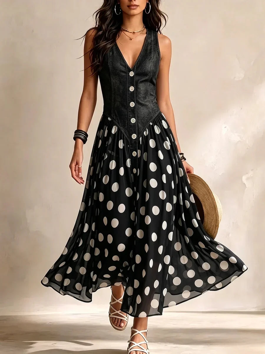 Vestido Largo con Estampado de Lunares y Botones