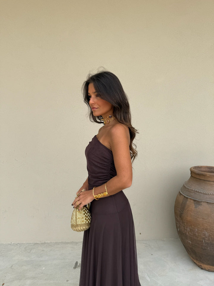 Vestido Midi de Tul Elástico en Color Marrón