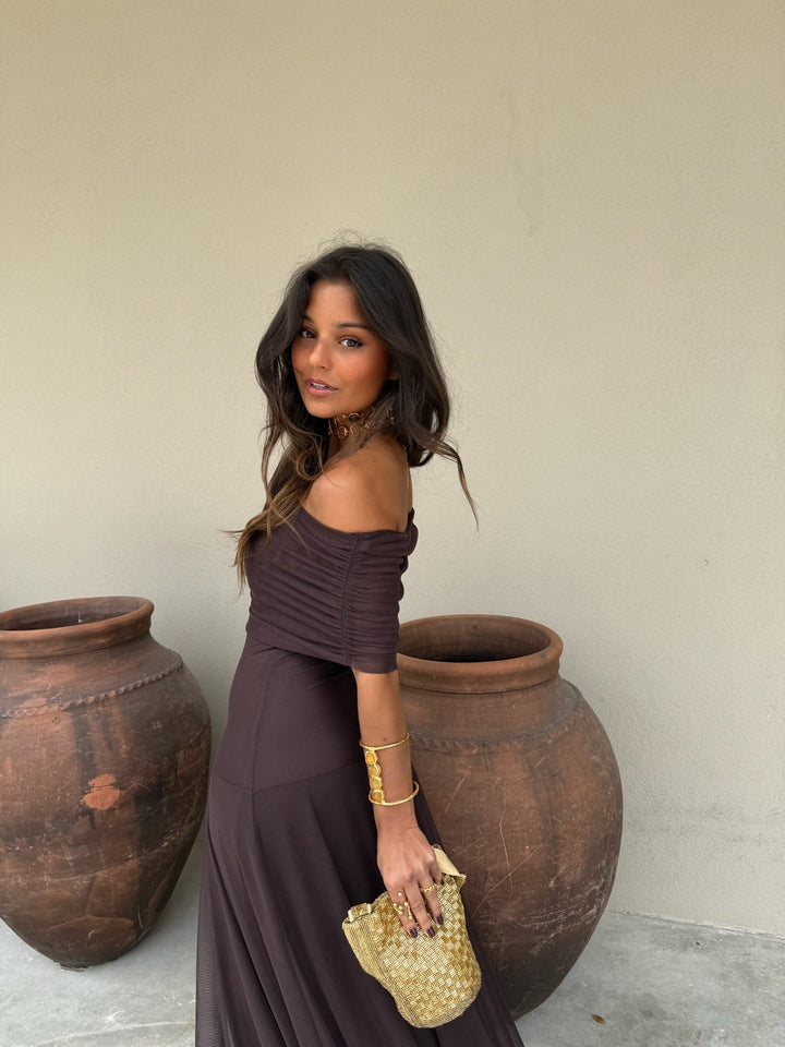 Vestido Midi de Tul Elástico en Color Marrón