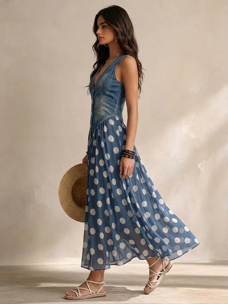 Vestido Largo con Estampado de Lunares y Botones