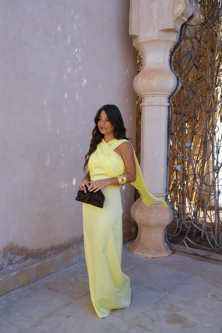 Vestido Largo Amarillo Drapeado