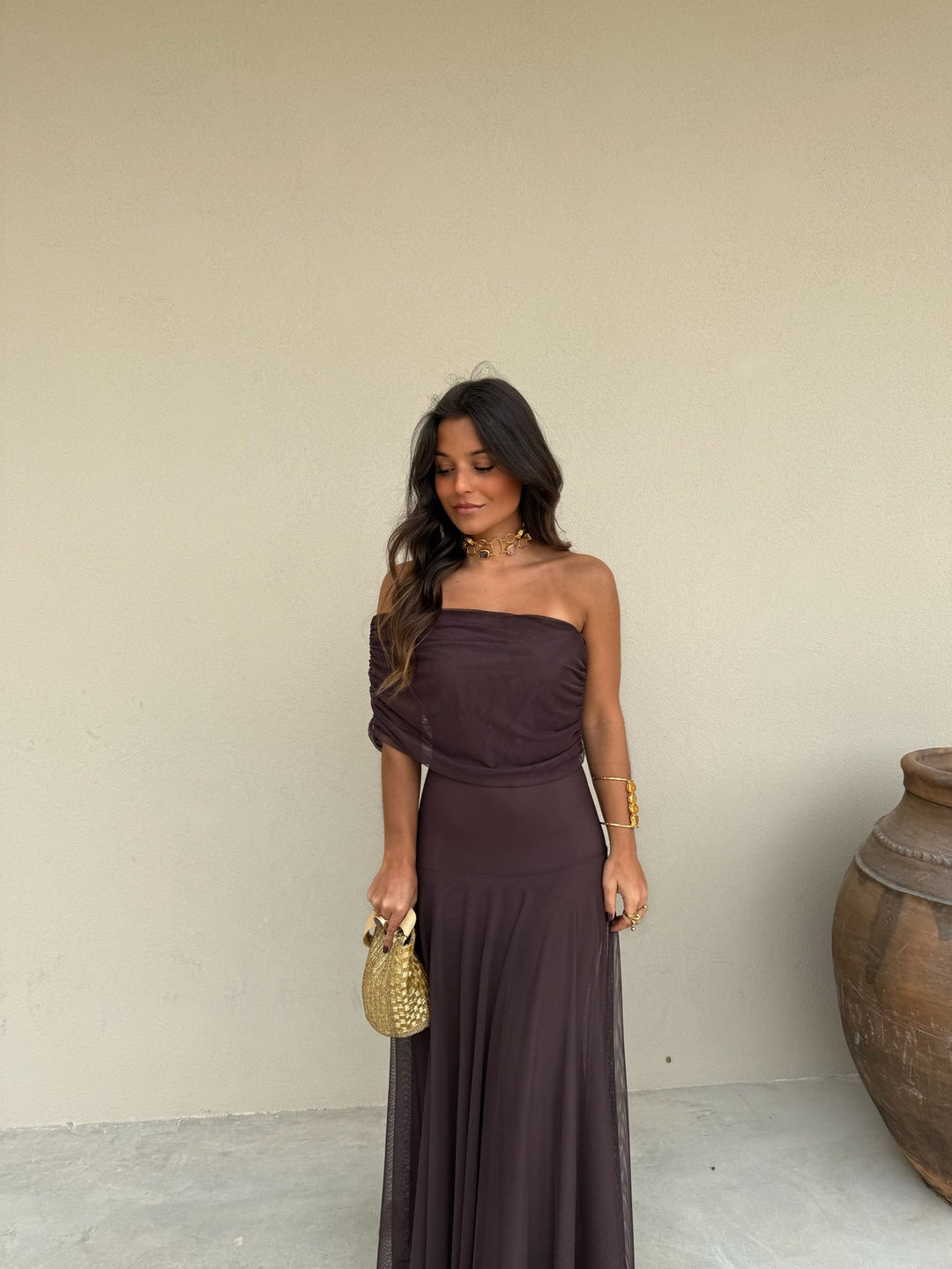 Vestido Midi de Tul Elástico en Color Marrón
