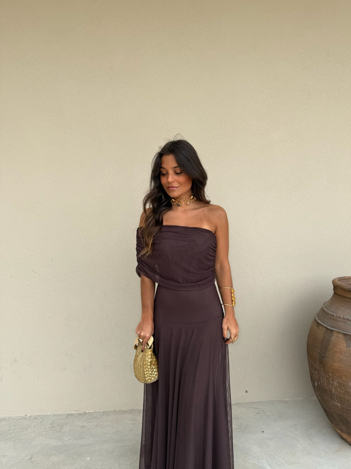 Vestido Midi de Tul Elástico en Color Marrón