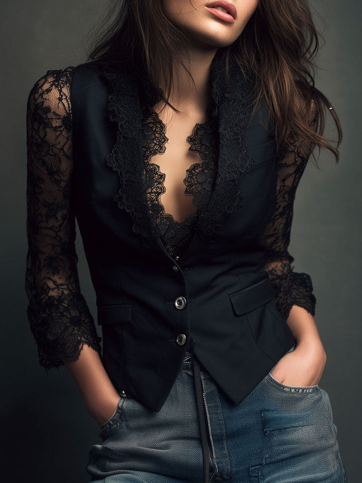 Top Estilo Blazer con Mangas Semi-Transparentes