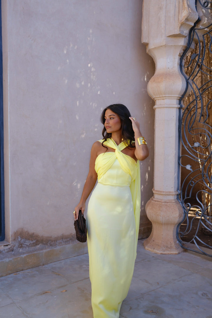 Vestido Largo Amarillo Drapeado