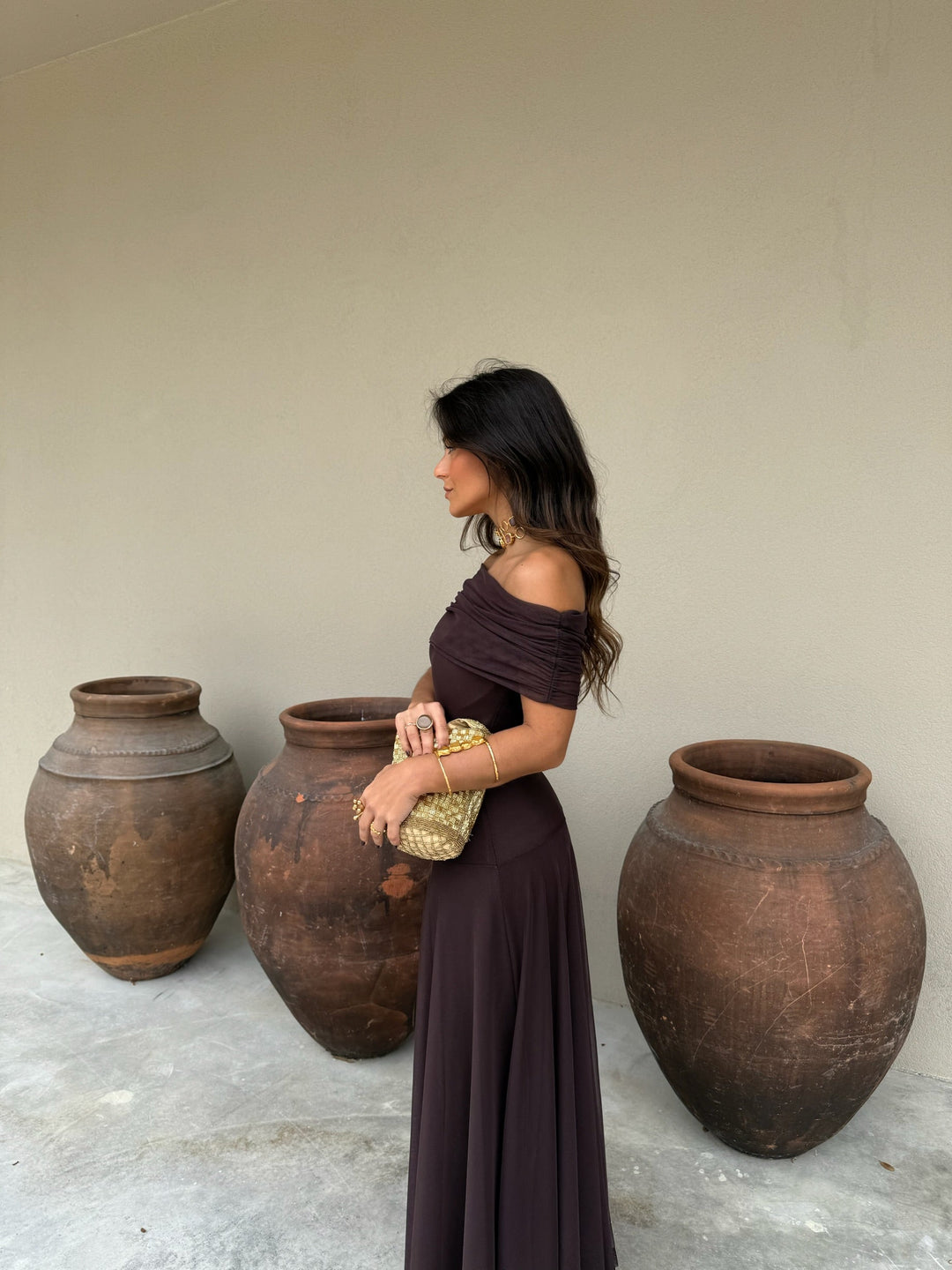 Vestido Midi de Tul Elástico en Color Marrón