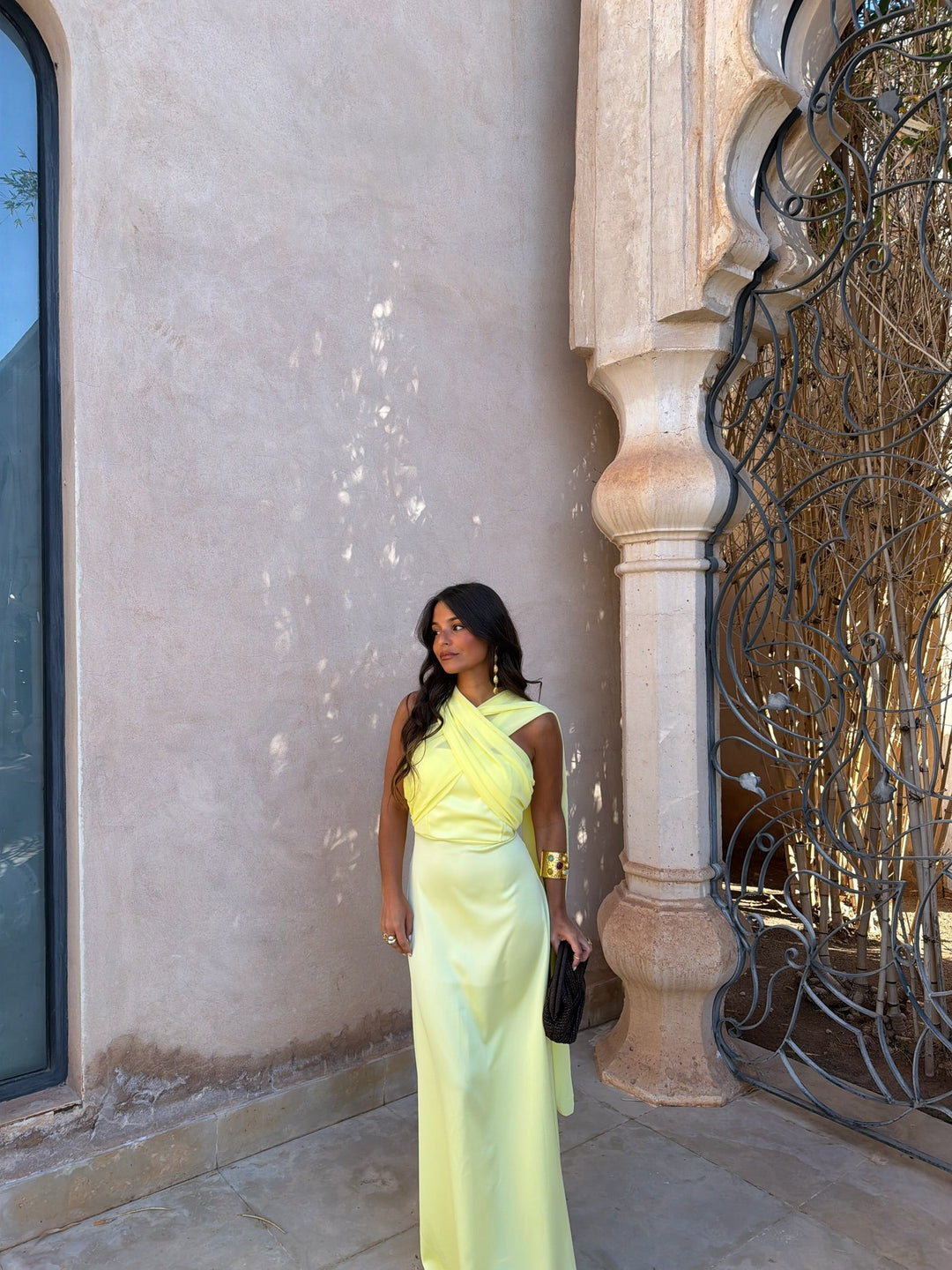 Vestido Largo Amarillo Drapeado
