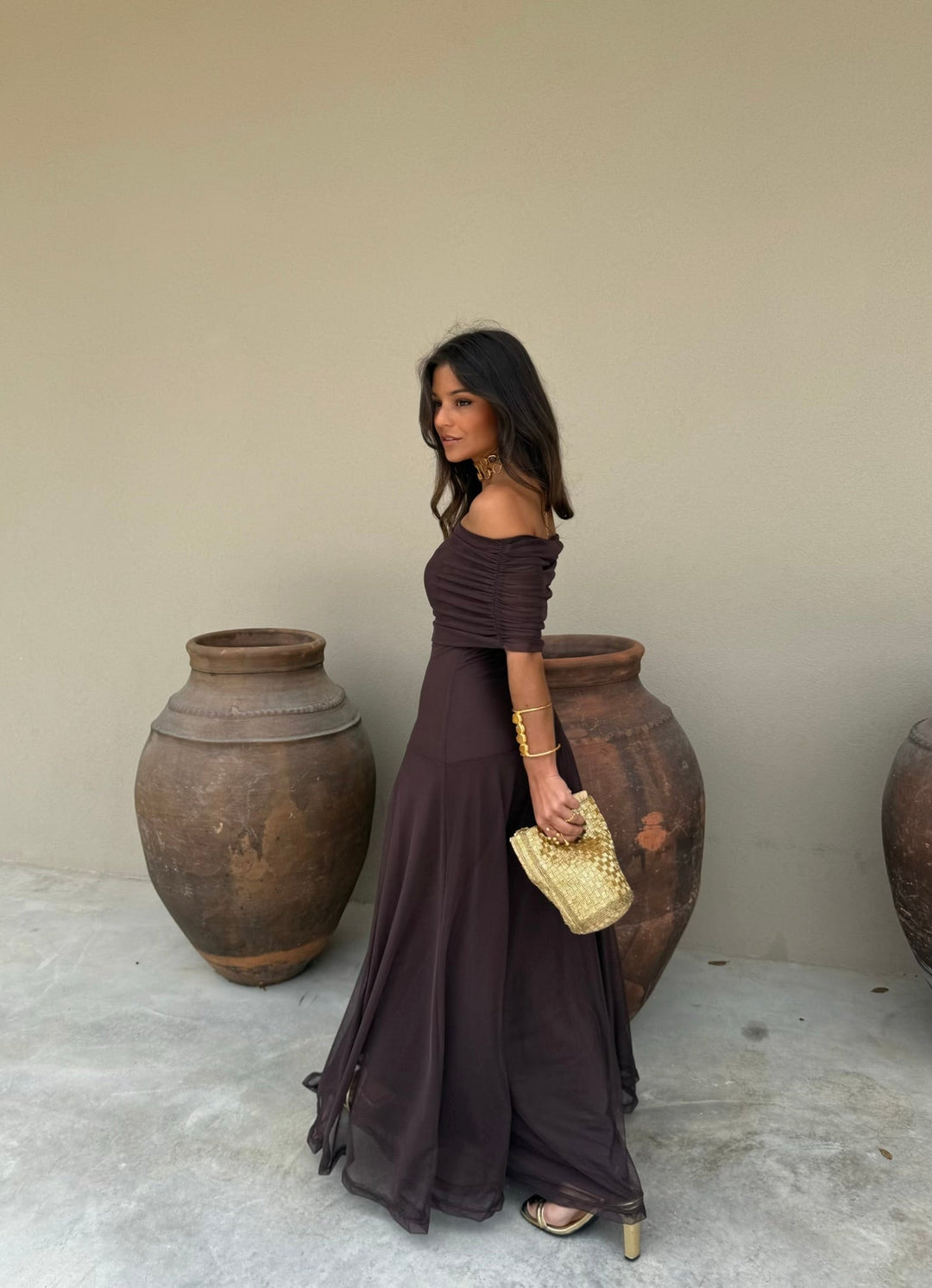 Vestido Midi de Tul Elástico en Color Marrón