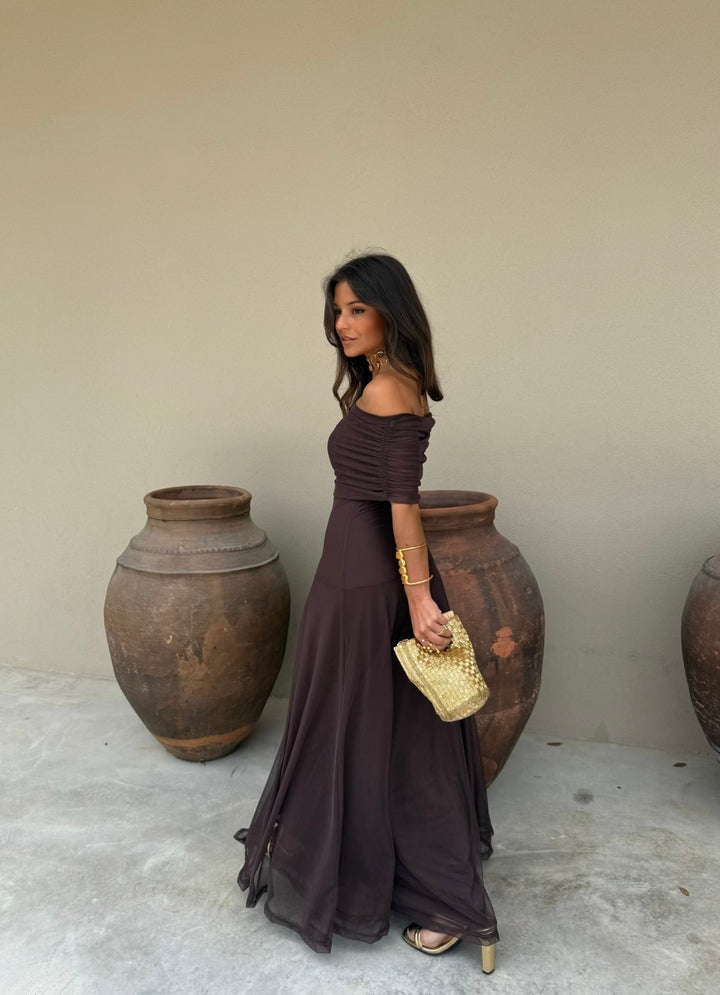 Vestido Midi de Tul Elástico en Color Marrón