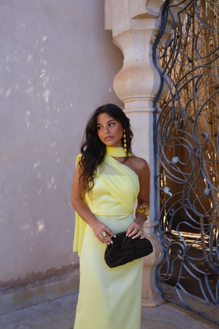 Vestido Largo Amarillo Drapeado