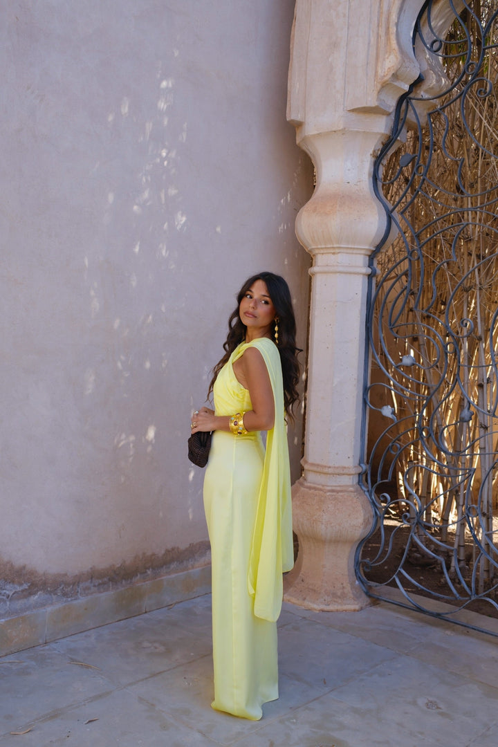 Vestido Largo Amarillo Drapeado