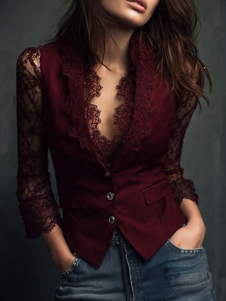 Top Estilo Blazer con Mangas Semi-Transparentes