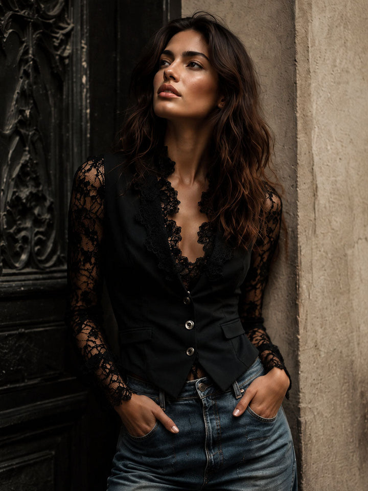 Top Estilo Blazer con Mangas Semi-Transparentes