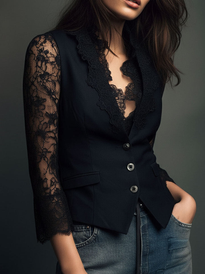 Top Estilo Blazer con Mangas Semi-Transparentes