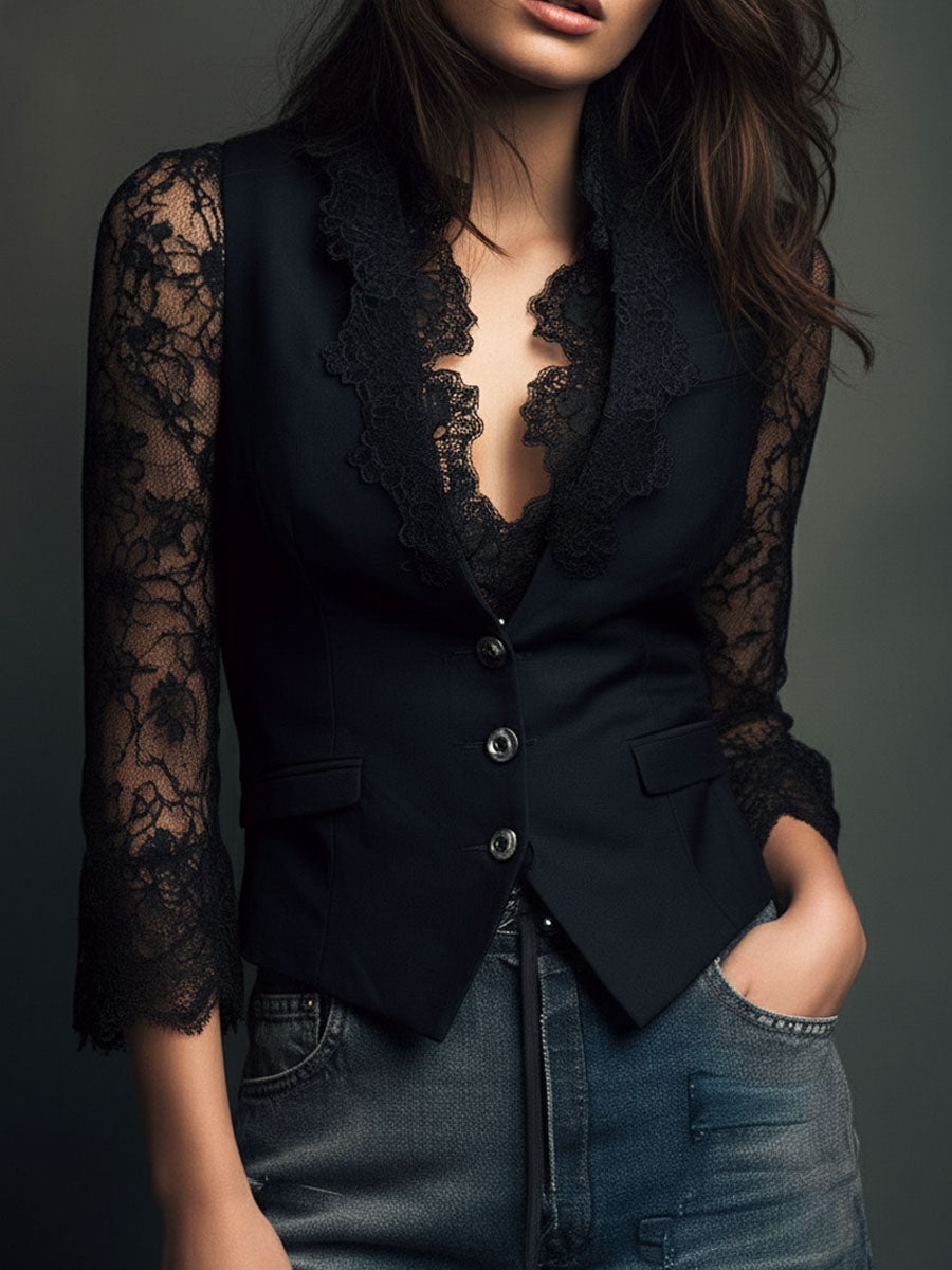 Top Estilo Blazer con Mangas Semi-Transparentes