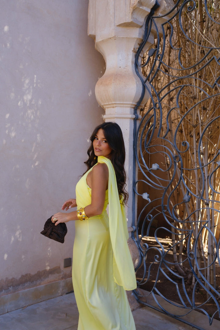 Vestido Largo Amarillo Drapeado