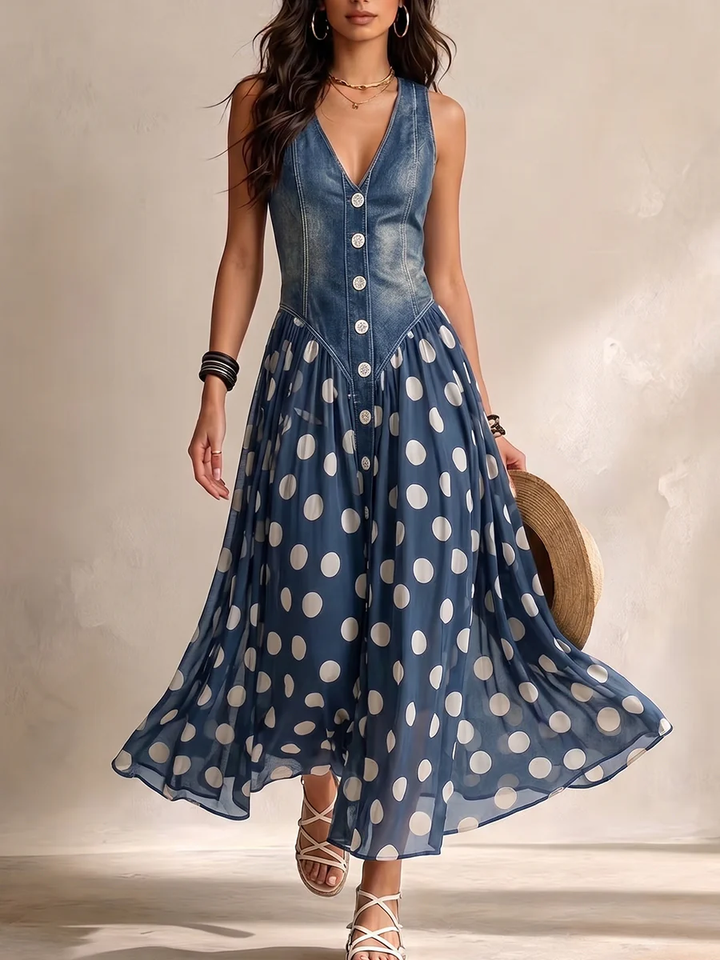 Vestido Largo con Estampado de Lunares y Botones