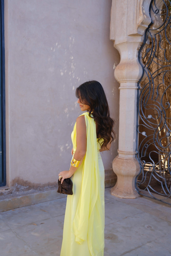Vestido Largo Amarillo Drapeado