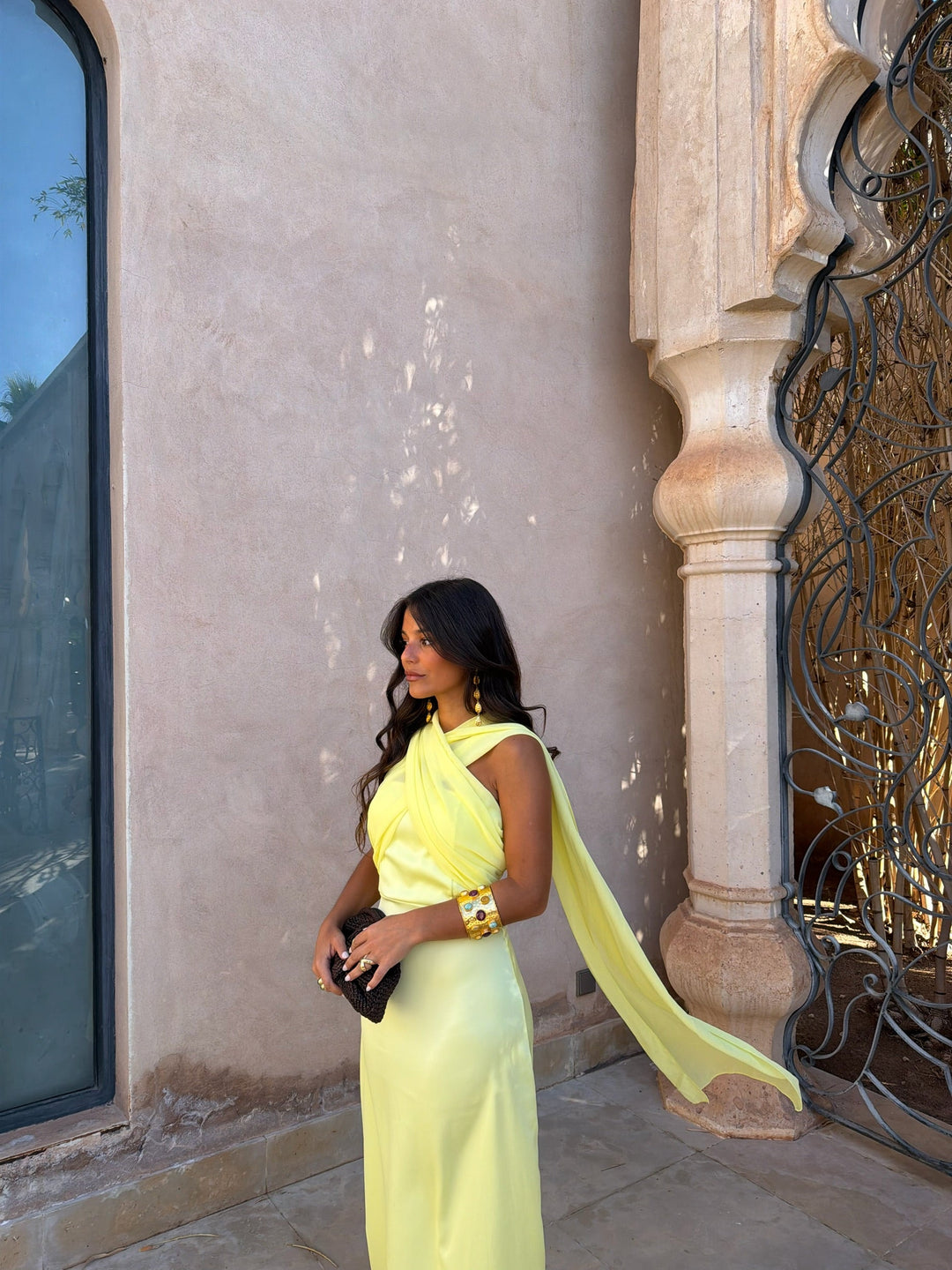 Vestido Largo Amarillo Drapeado