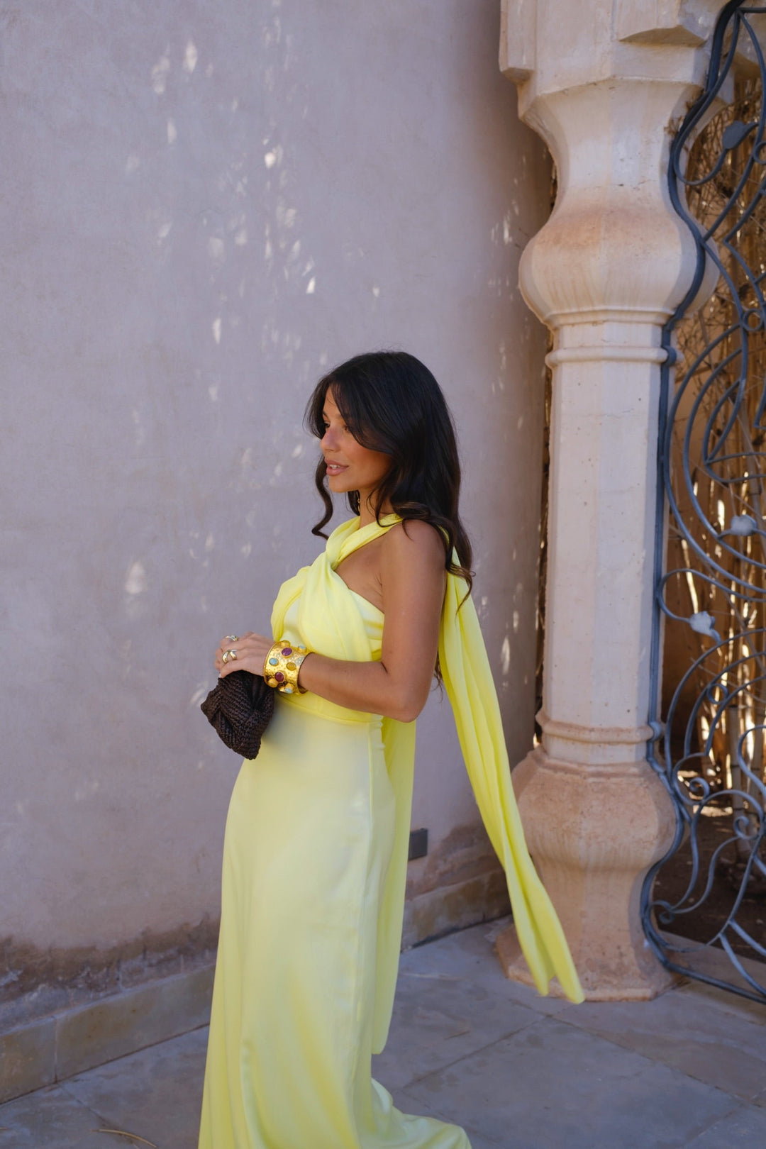 Vestido Largo Amarillo Drapeado
