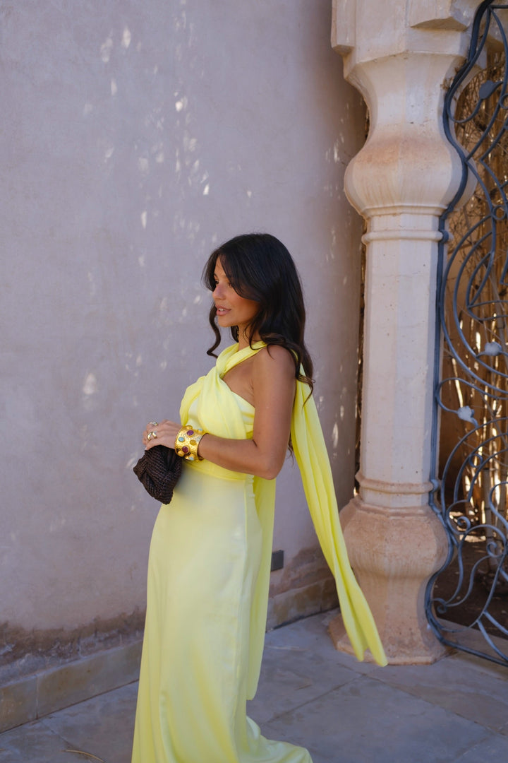 Vestido Largo Amarillo Drapeado
