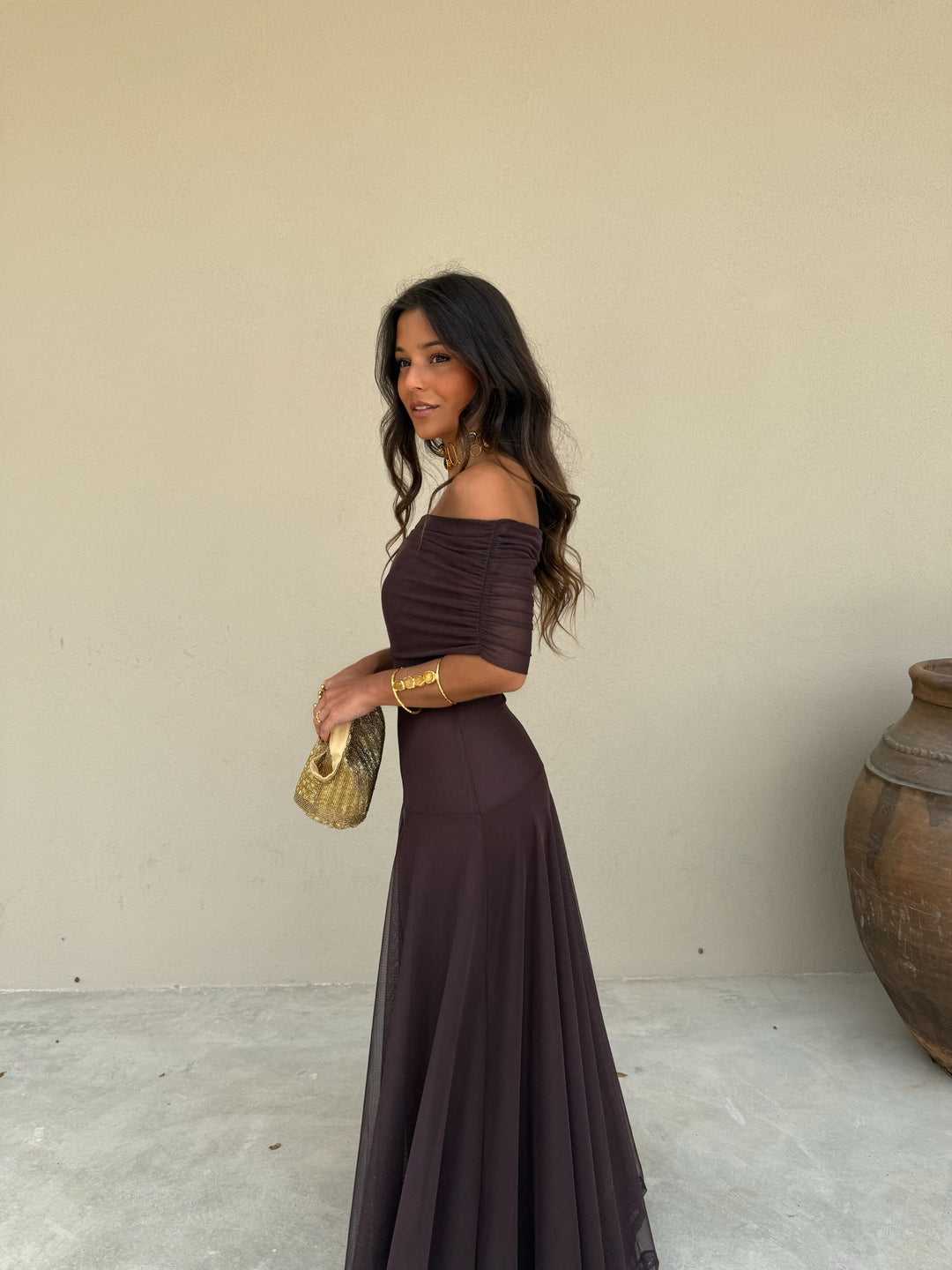 Vestido Midi de Tul Elástico en Color Marrón