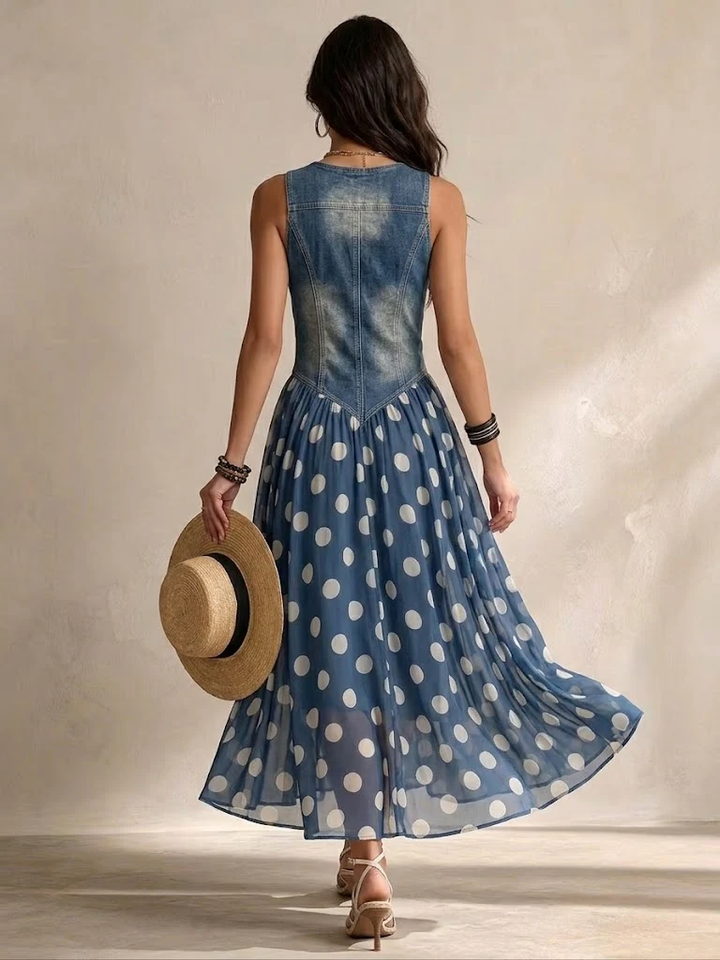 Vestido Largo con Estampado de Lunares y Botones