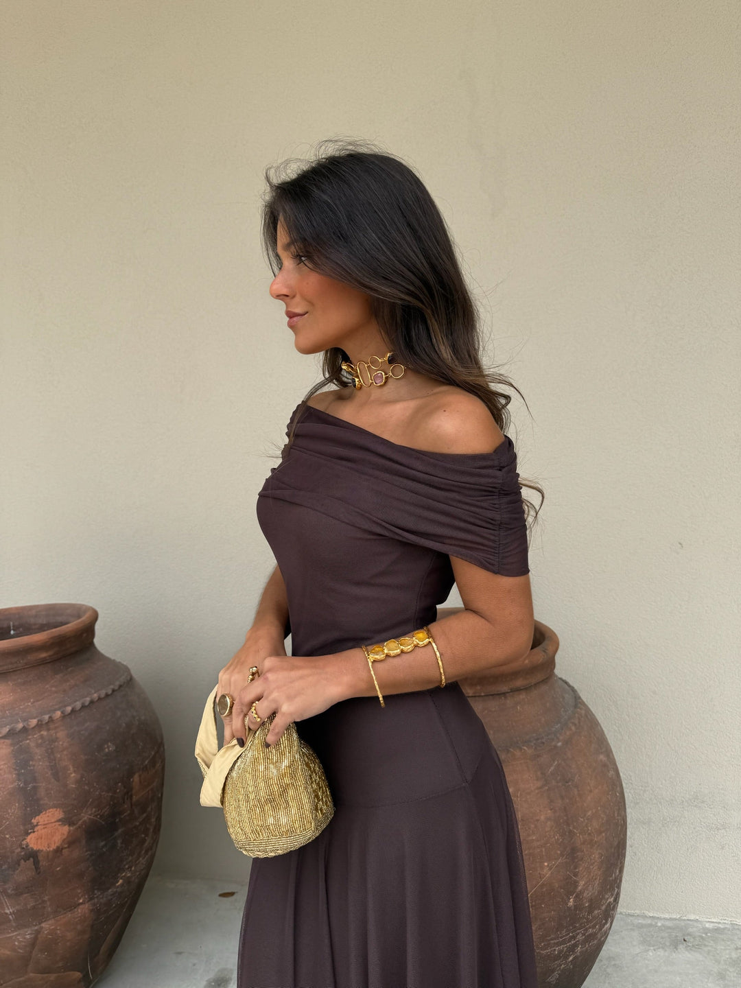 Vestido Midi de Tul Elástico en Color Marrón
