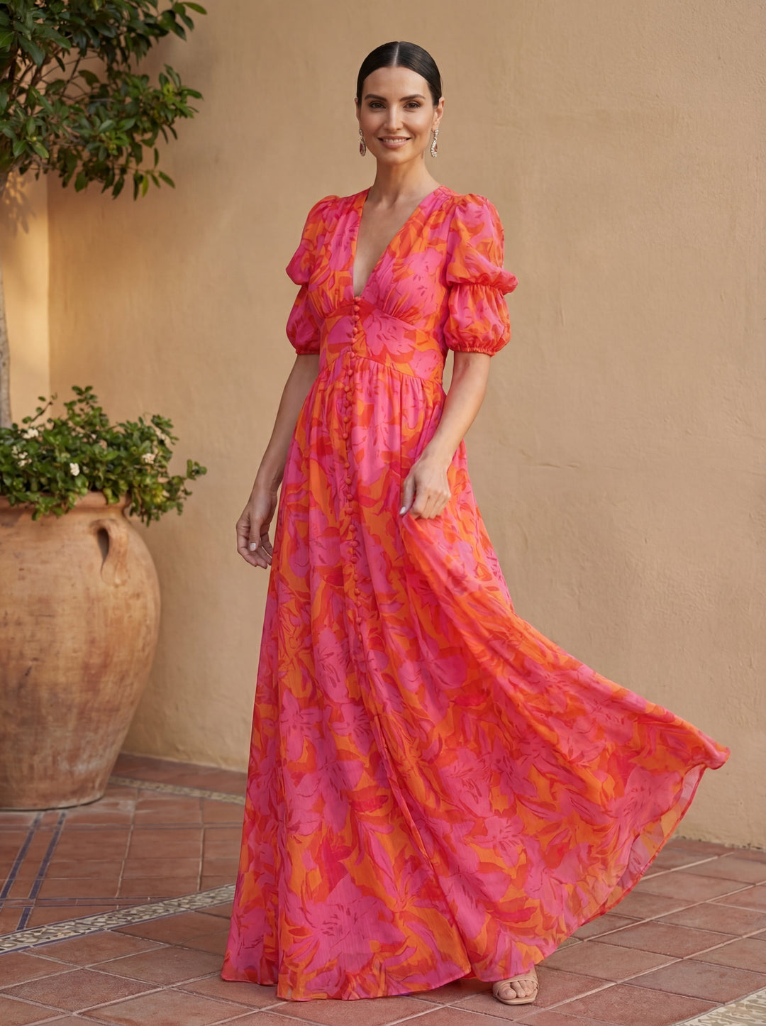 Vestido Largo Estampado de Escote en V
