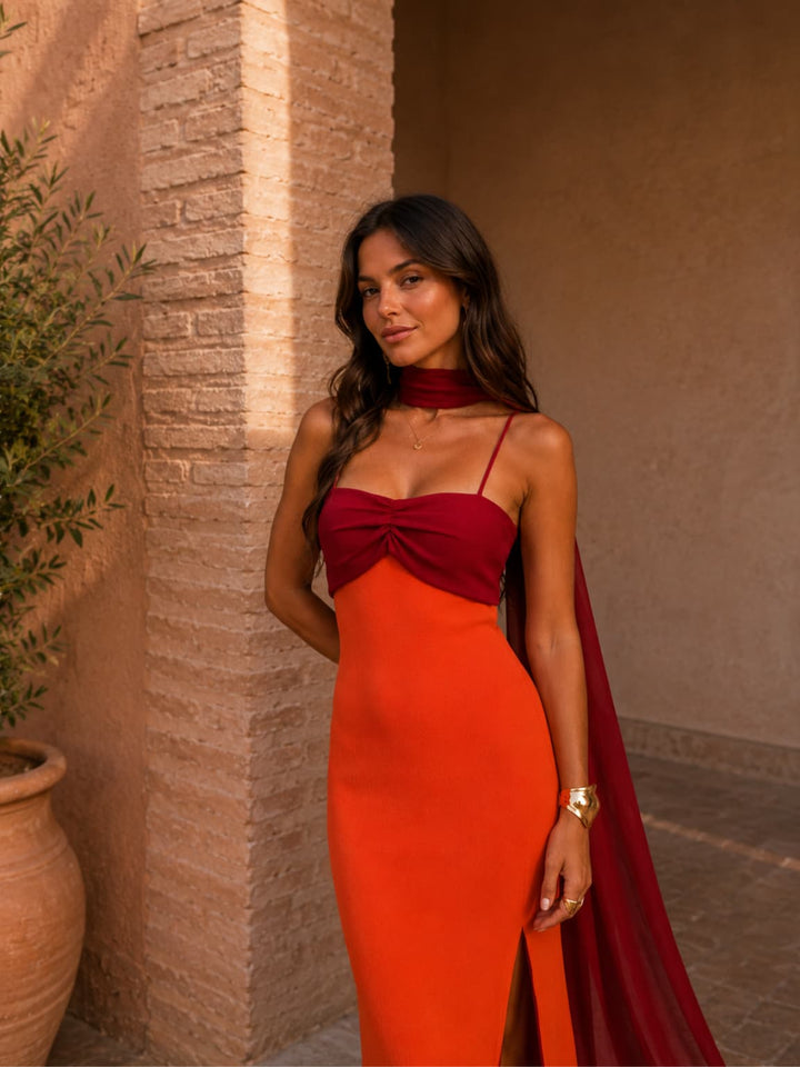 Vestido Gala Drapeado Bicolor