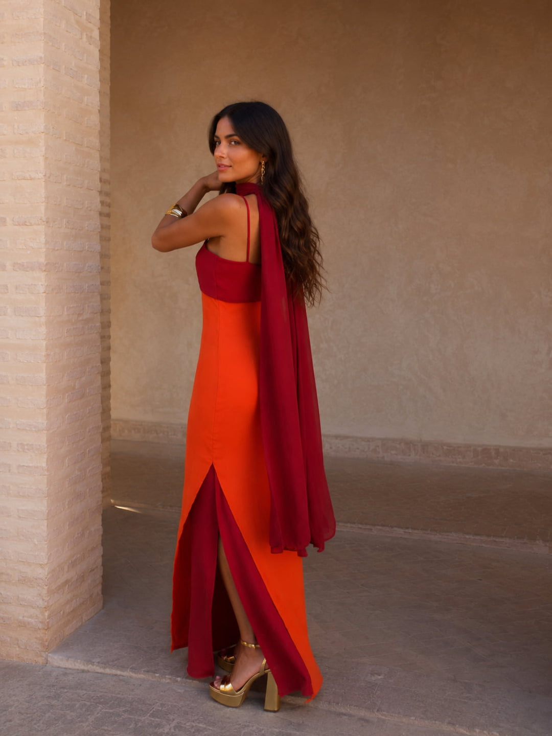 Vestido Gala Drapeado Bicolor