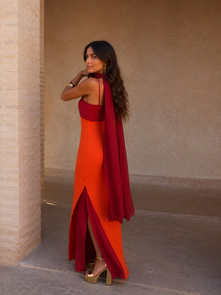 Vestido Gala Drapeado Bicolor