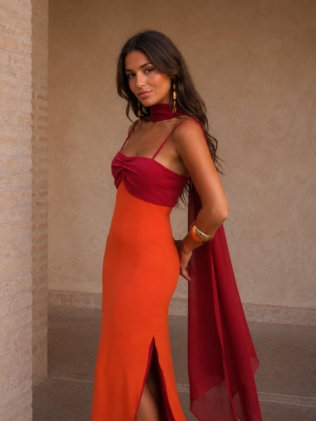 Vestido Gala Drapeado Bicolor