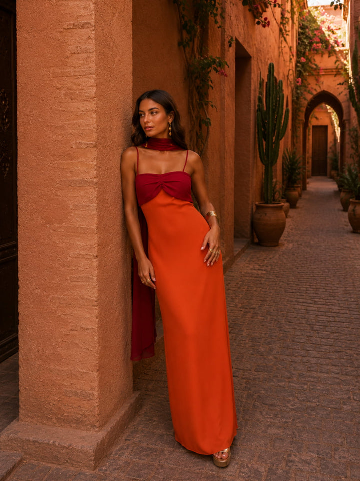 Vestido Gala Drapeado Bicolor