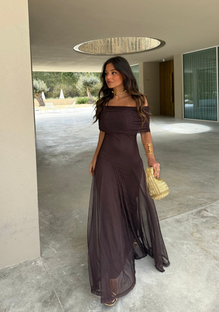 Vestido Midi de Tul Elástico en Color Marrón