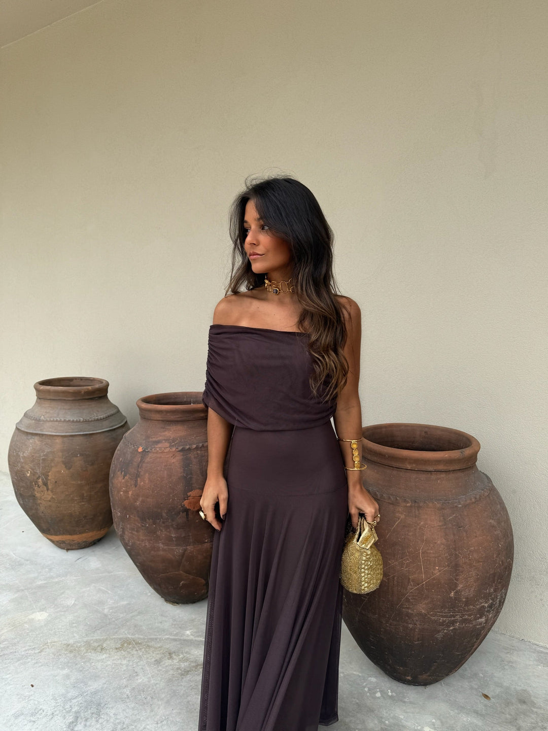 Vestido Midi de Tul Elástico en Color Marrón