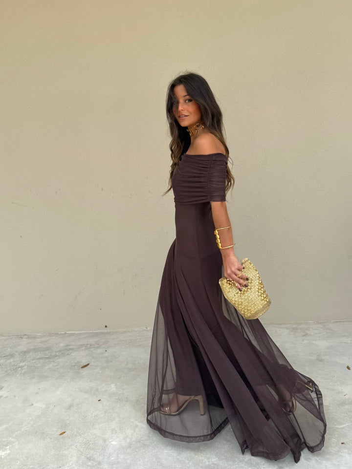 Vestido Midi de Tul Elástico en Color Marrón