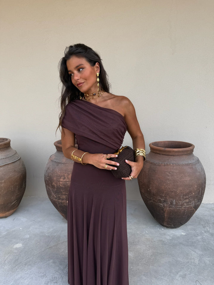 Vestido Midi de Tul Elástico en Color Marrón