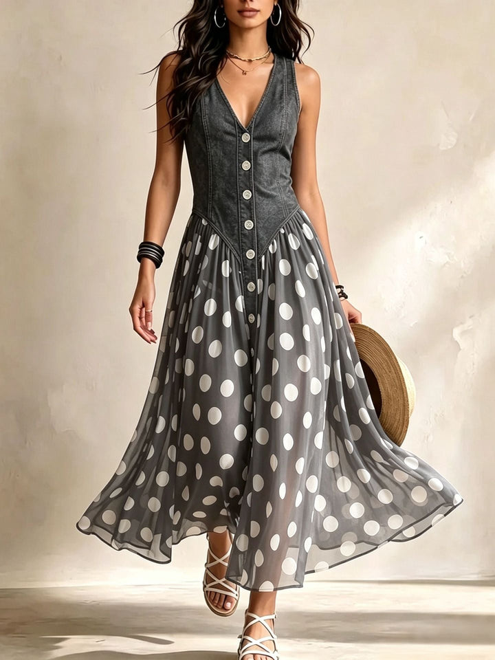 Vestido Largo con Estampado de Lunares y Botones