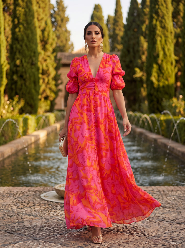 Vestido Largo Estampado de Escote en V