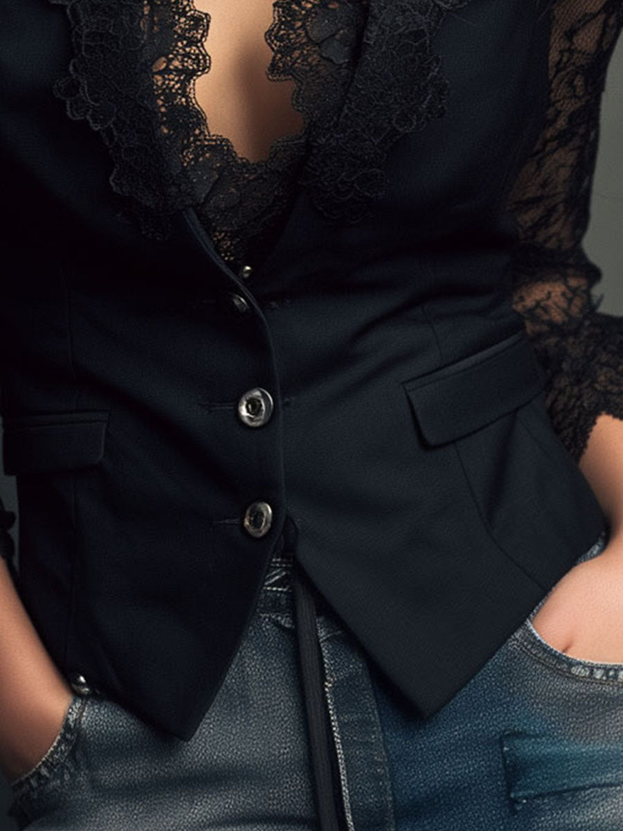 Top Estilo Blazer con Mangas Semi-Transparentes
