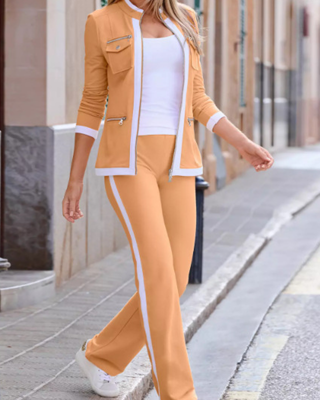 Conjunto de Chaqueta y Pantalón con Ribetes en Contraste