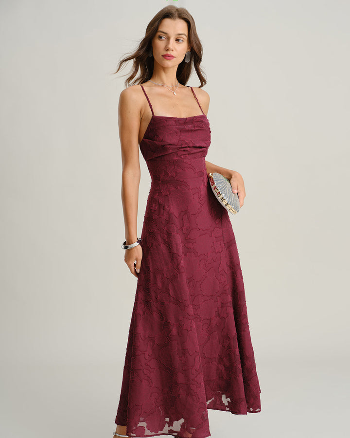 Vestido Largo de Jacquard Borgoña con Espalda Descubierta