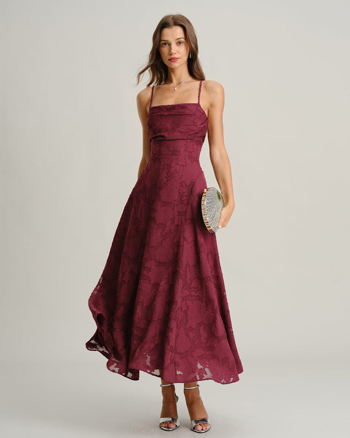 Vestido Largo de Jacquard Borgoña con Espalda Descubierta