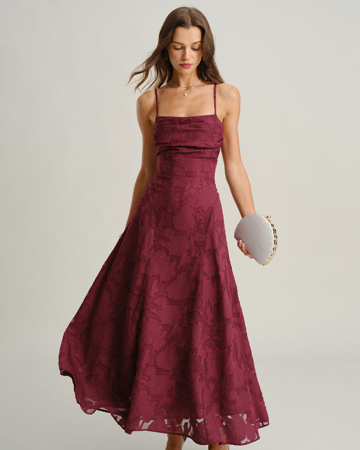 Vestido Largo de Jacquard Borgoña con Espalda Descubierta